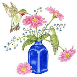 Cobolt Flower Vase and Hummingbirds Flour Sack Kitchen Towel Cotton